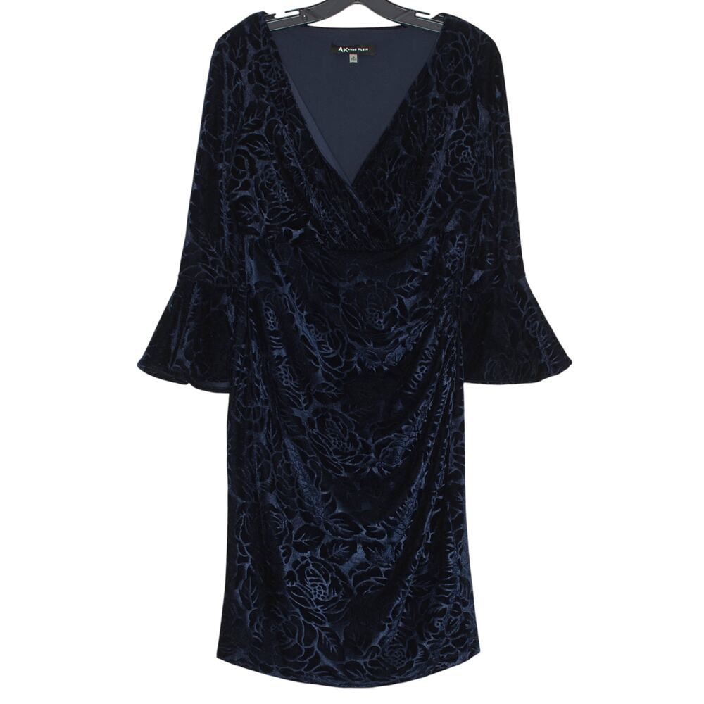 Anne Klein Dress 3/4 Bell Sleeve Velvet Floral Whimsigoth Hoco Witch Blue Medium
